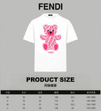 White Fendi T-shirt front with pink bear logo and FENDI print