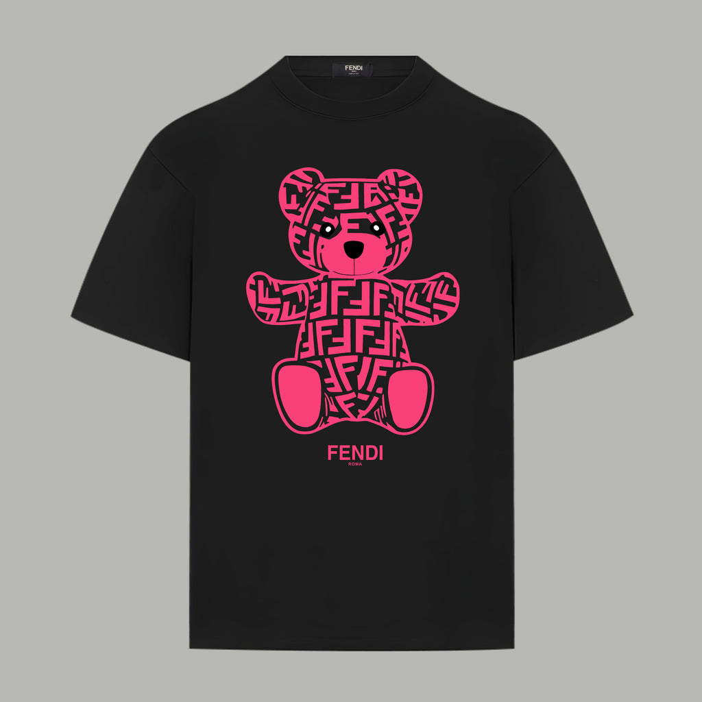 Black Fendi T-shirt with pink graphic bear logo print on the front
