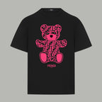 Black Fendi T-shirt with pink graphic bear logo print on the front