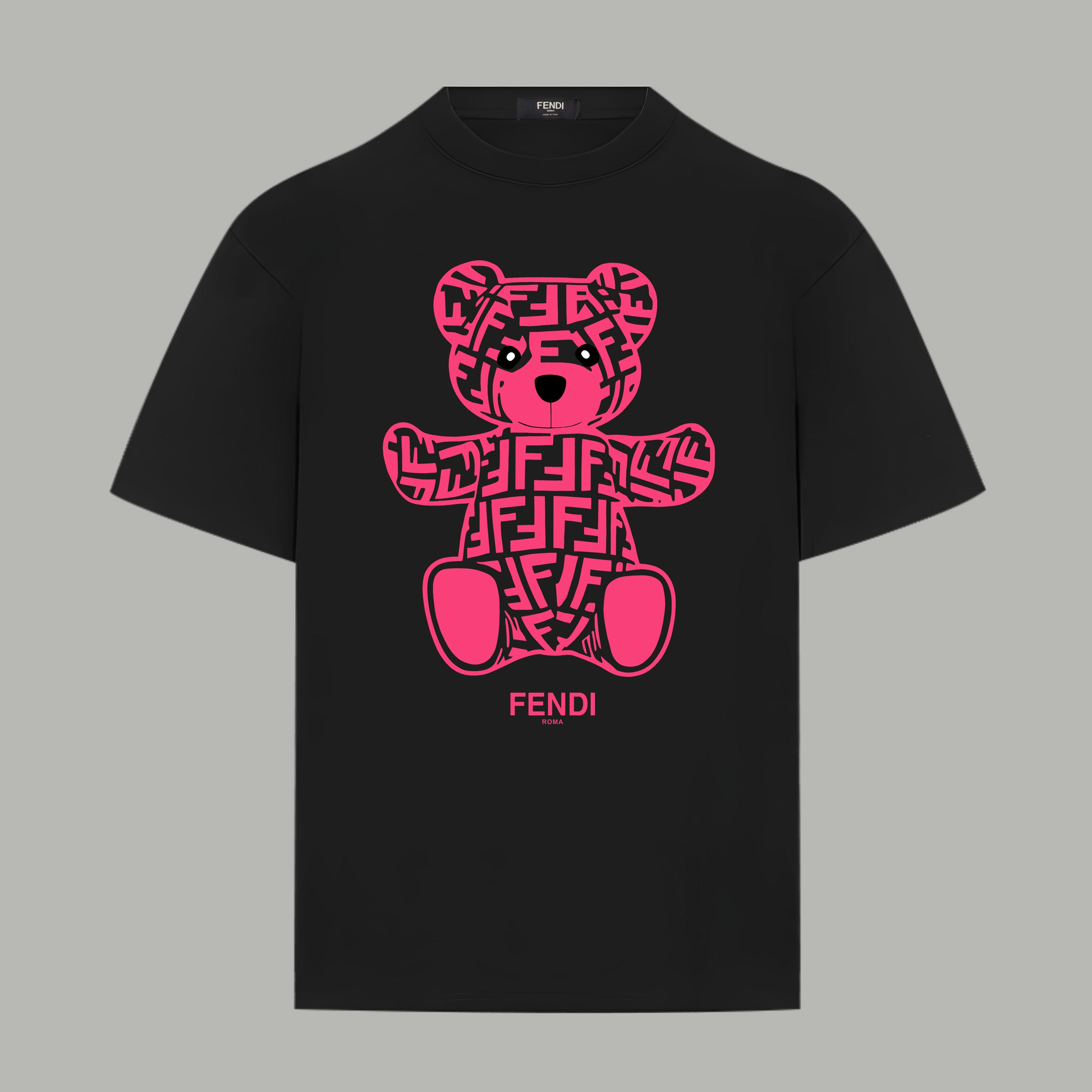 Black Fendi T-shirt with pink graphic bear logo print on the front