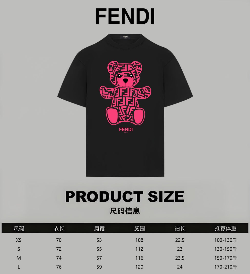 Black Fendi T-shirt front with pink bear graphic; product size chart shown