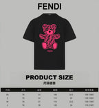 Black Fendi T-shirt front with pink bear graphic; product size chart shown