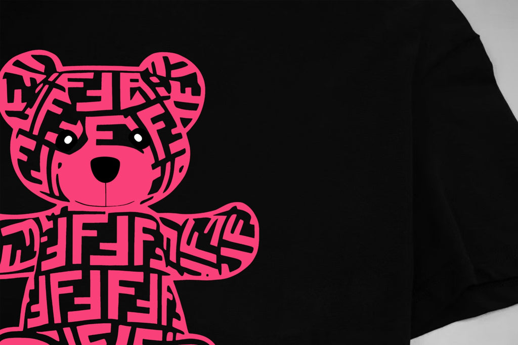 Black Fendi T-shirt with close-up pink graphic bear logo print