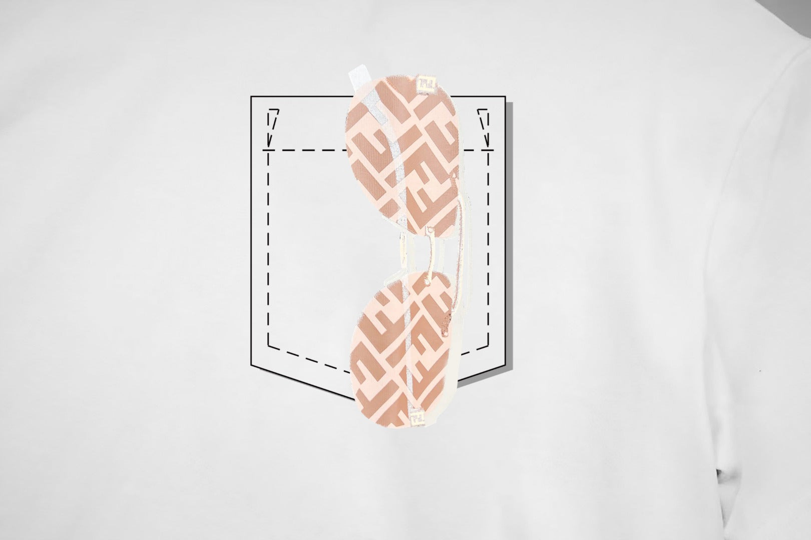 Chest logo graphic on white Fendi T-shirt in light peach and line art
