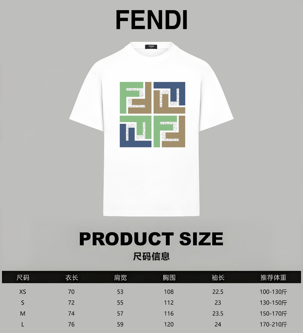 White Fendi T-shirt with multicolor square graphic, front view