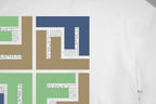 White T-shirt with multicolor block graphic detail on the front