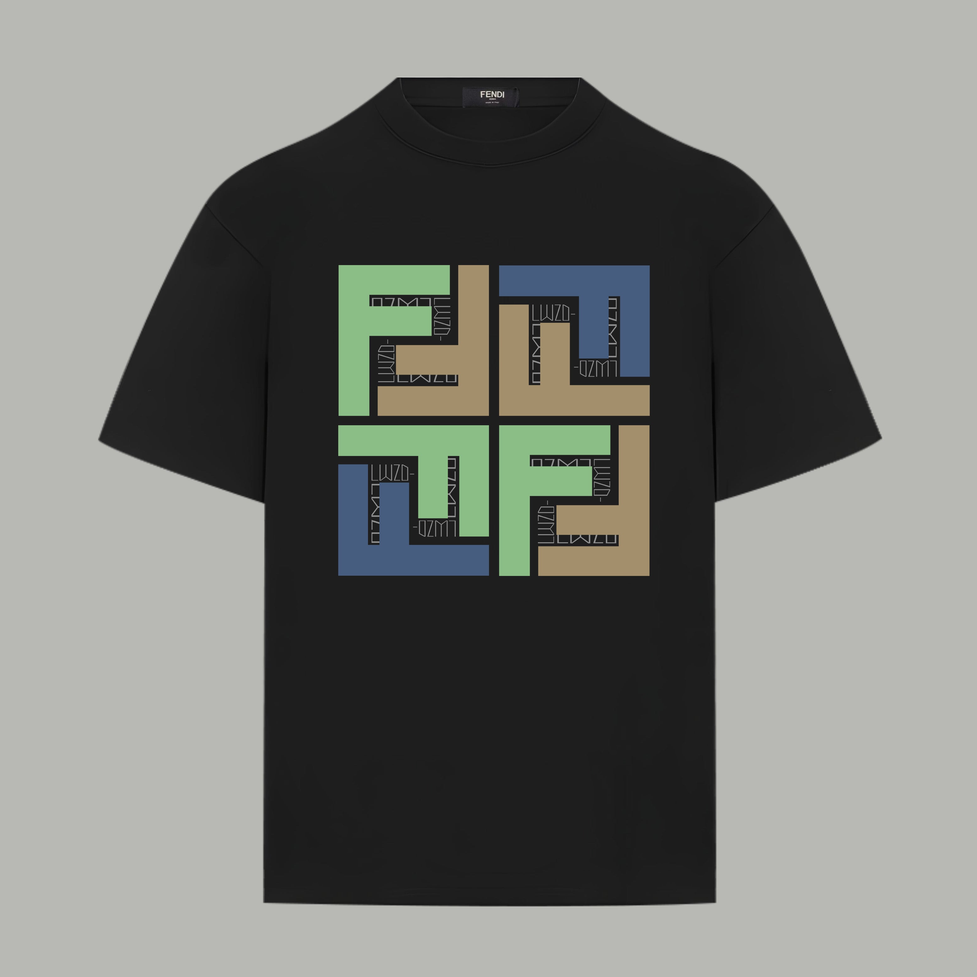 Black short-sleeve T-shirt with multicolor geometric graphic on chest
