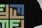 Black T-shirt with close-up multicolor geometric graphic print