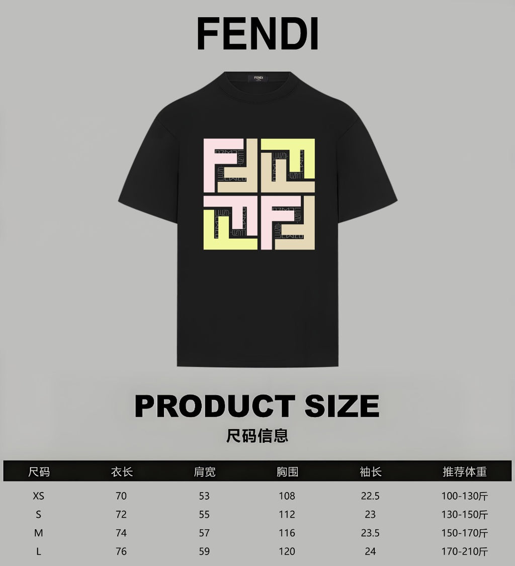 Black Fendi short-sleeve T-shirt with geometric logo print and size info