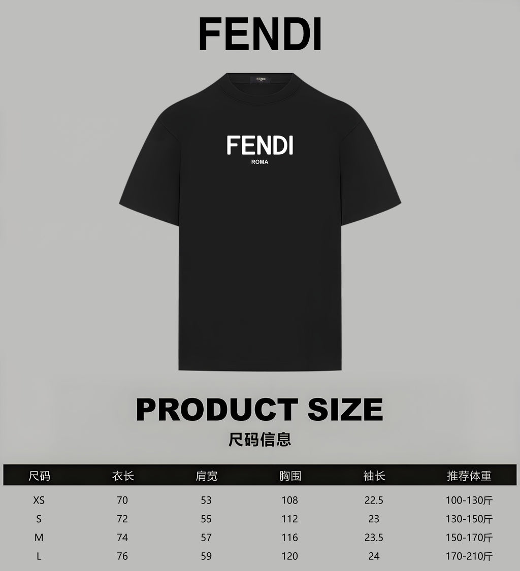 Black Fendi T-shirt front with product size chart overlay