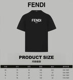 Black Fendi T-shirt front with product size chart overlay