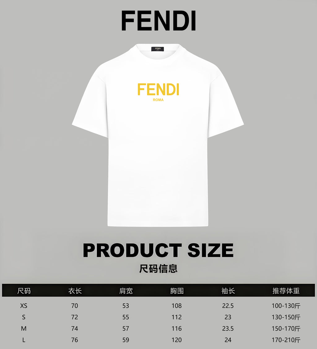 White Fendi short-sleeve T-shirt with logo and product size chart