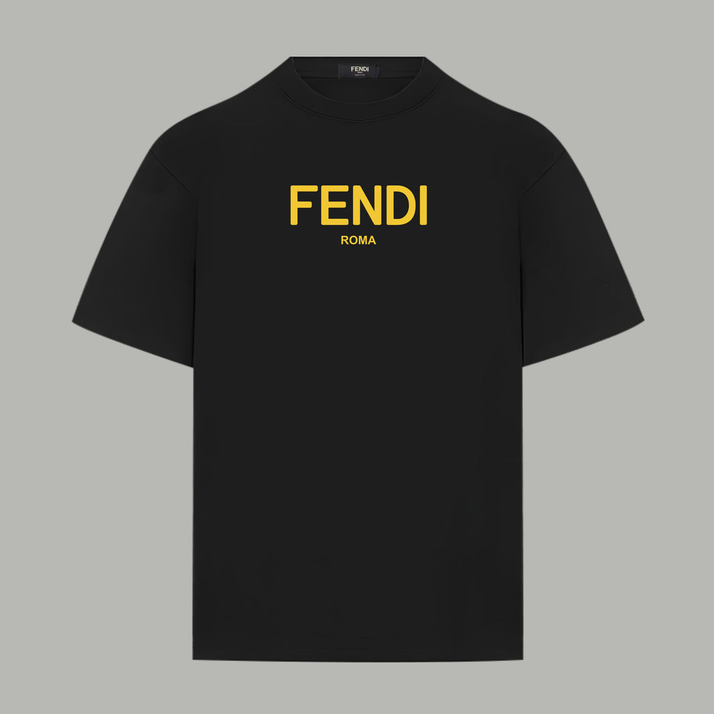 Black crewneck short-sleeve T-shirt with yellow FENDI logo on front