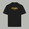 Black crewneck short-sleeve T-shirt with yellow FENDI logo on front
