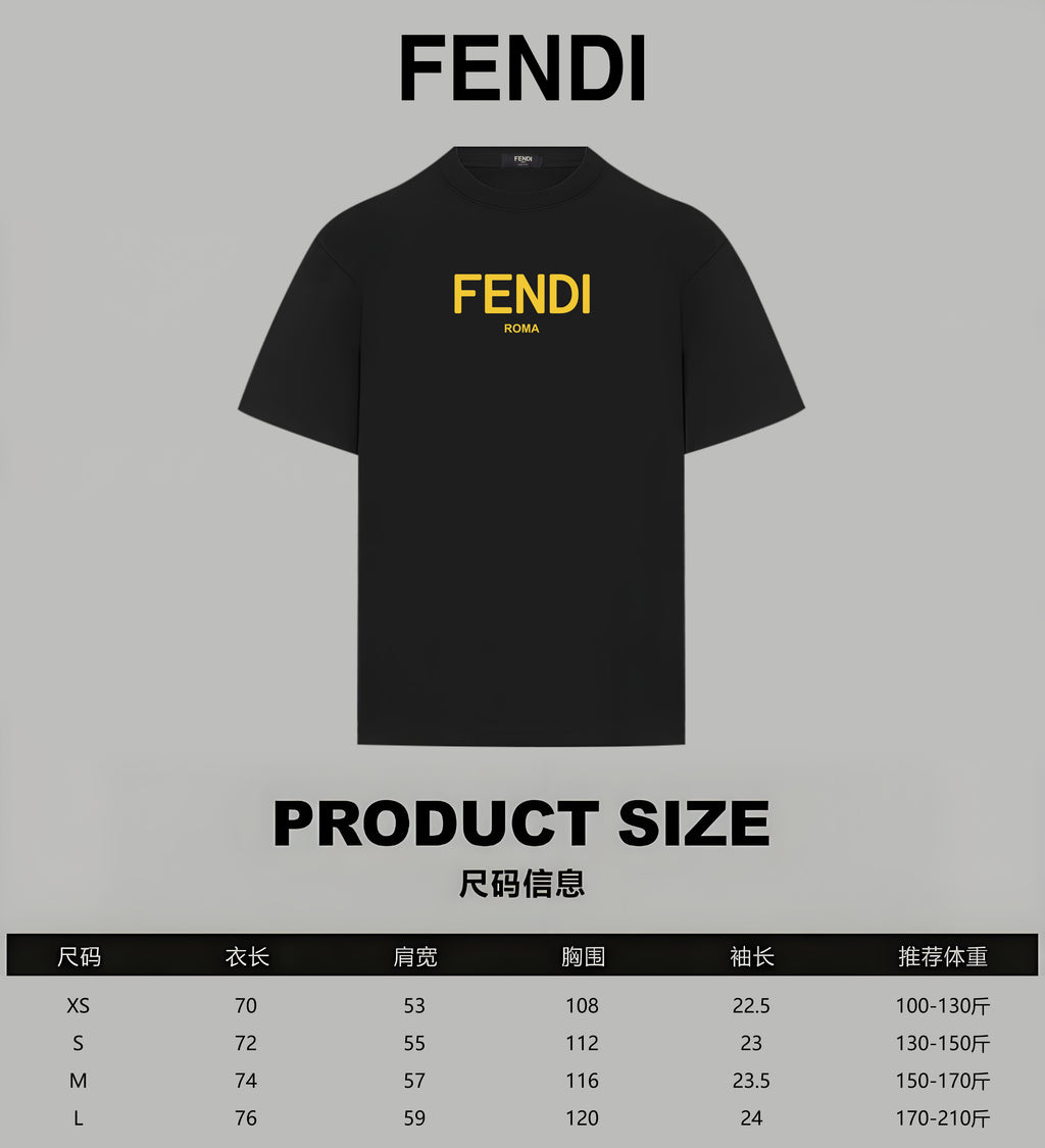 FENDI black T-shirt with product size chart layout