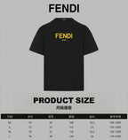 FENDI black T-shirt with product size chart layout