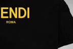 Black short-sleeve T-shirt front with large yellow FENDI ROMA logo