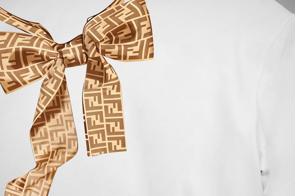 White T-shirt with brown FENDI monogram bow tie at the neck