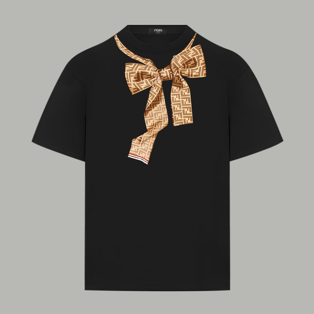 Black short-sleeve shirt with gold Fendi monogram bow at the neckline