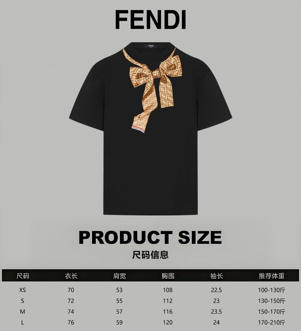 Black short-sleeve shirt with gold Fendi bow and FENDI logo, plus size chart text