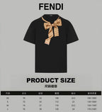 Black short-sleeve shirt with gold Fendi bow and FENDI logo, plus size chart text