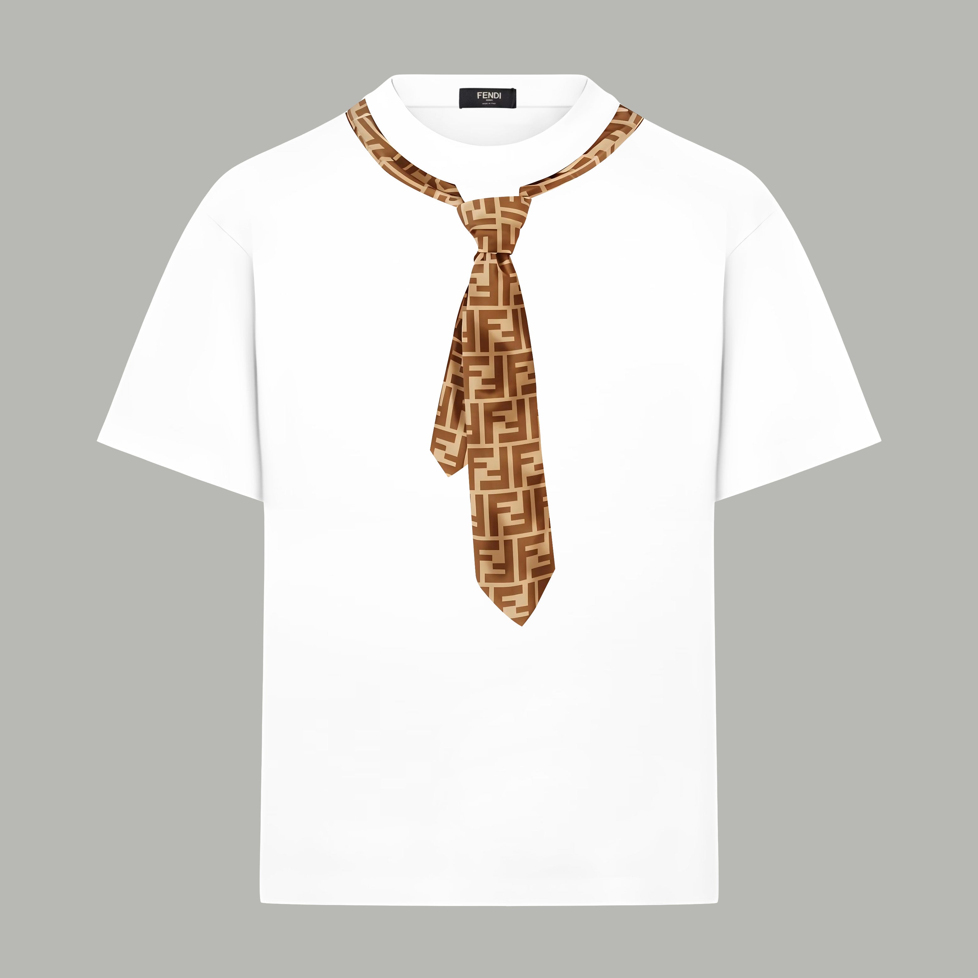White Fendi short-sleeve T-shirt with brown logo tie neckline