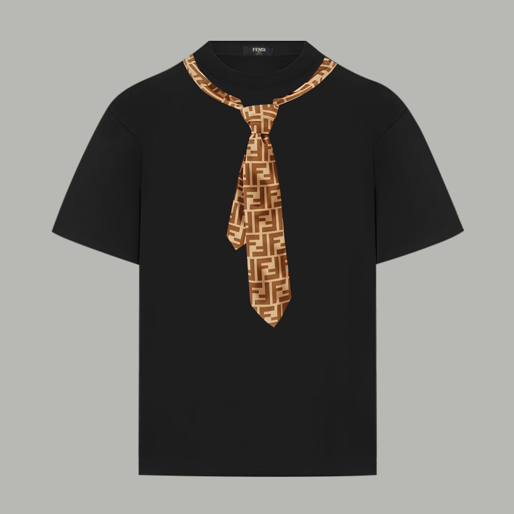 Black Fendi short-sleeve T-shirt with gold FF-logo necktie detail