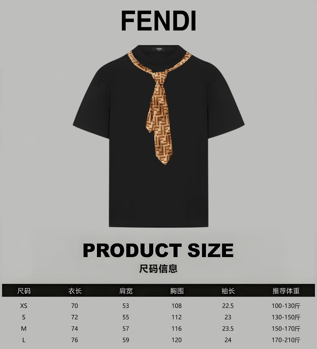 Black Fendi short-sleeve T-shirt front view with gold FF-logo necktie detail