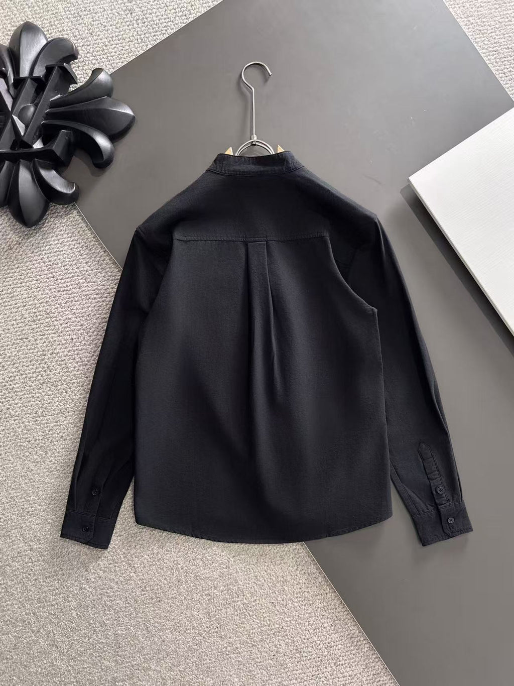 Dior long-sleeve button-up shirt back view, dark fabric and pleated yoke
