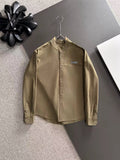 Long-sleeve button-up shirt with stand collar and Dior logo, olive-brown.
