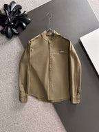 Long-sleeve button-up shirt with stand collar and Dior logo, olive-brown.