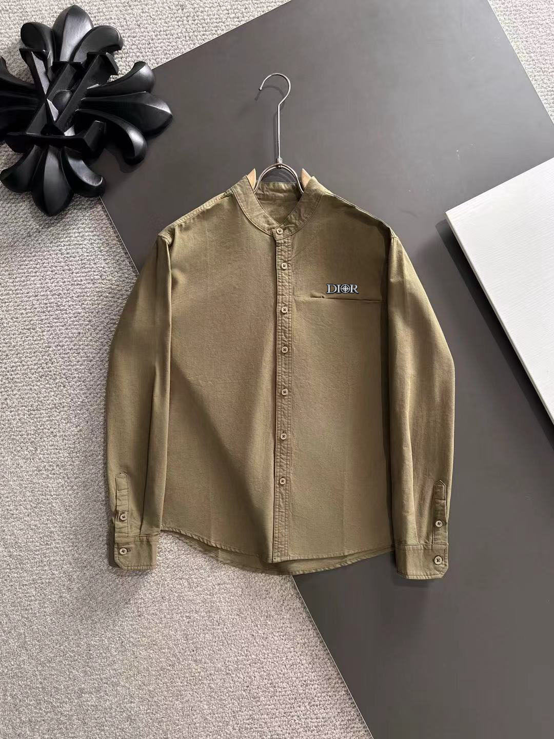 Long-sleeve button-up shirt with stand collar and Dior logo, olive-brown.