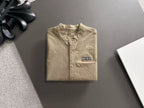 Long-sleeve button-up shirt with placket buttons and Dior chest logo, olive-brown.
