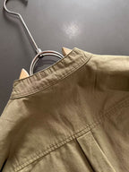 Long-sleeve shirt back yoke and top placket, olive-brown fabric.