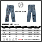 Light blue denim pants size chart with product photos and measurement table