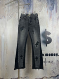 Dark gray denim pants with embroidered cross pattern, front view, straight leg