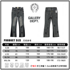 Denim pants product size chart with front and back views and measurement table