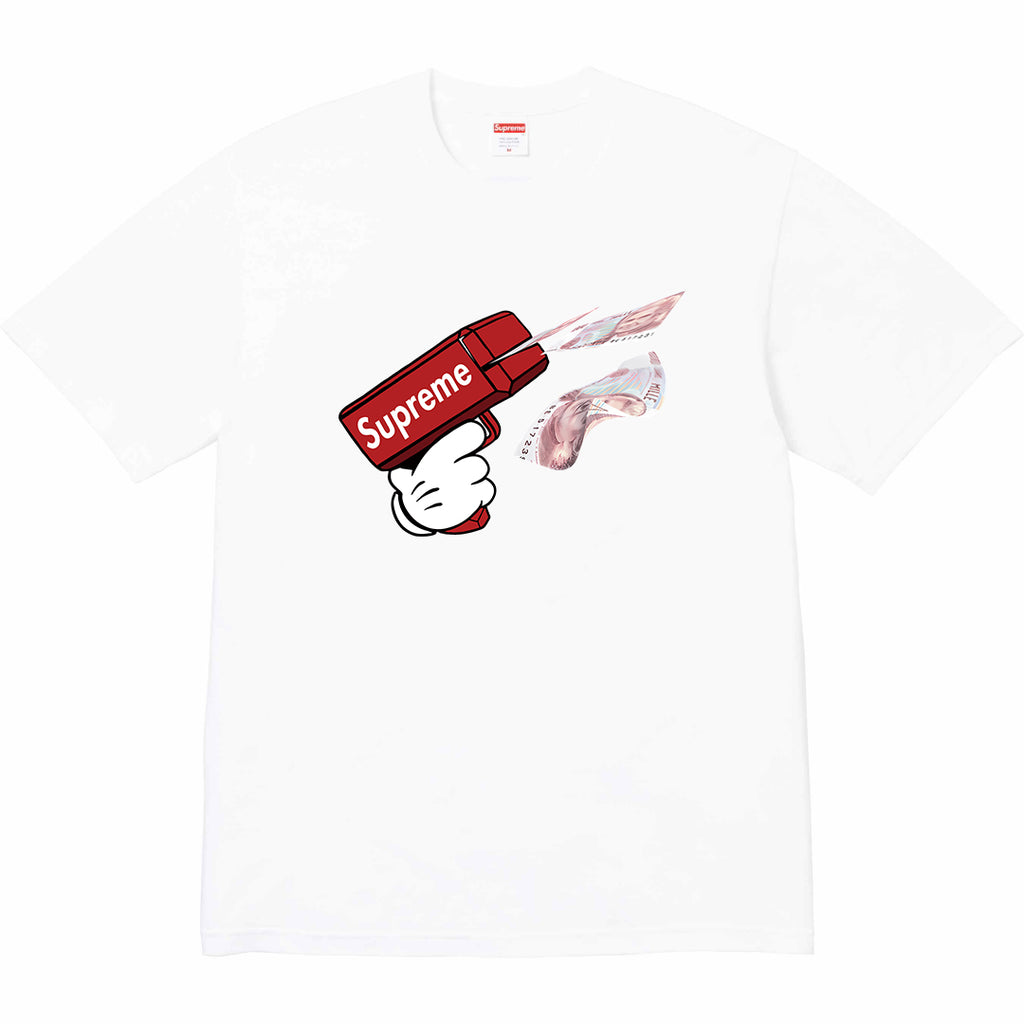 Stussy white crewneck T-shirt with red Supreme bunny graphic