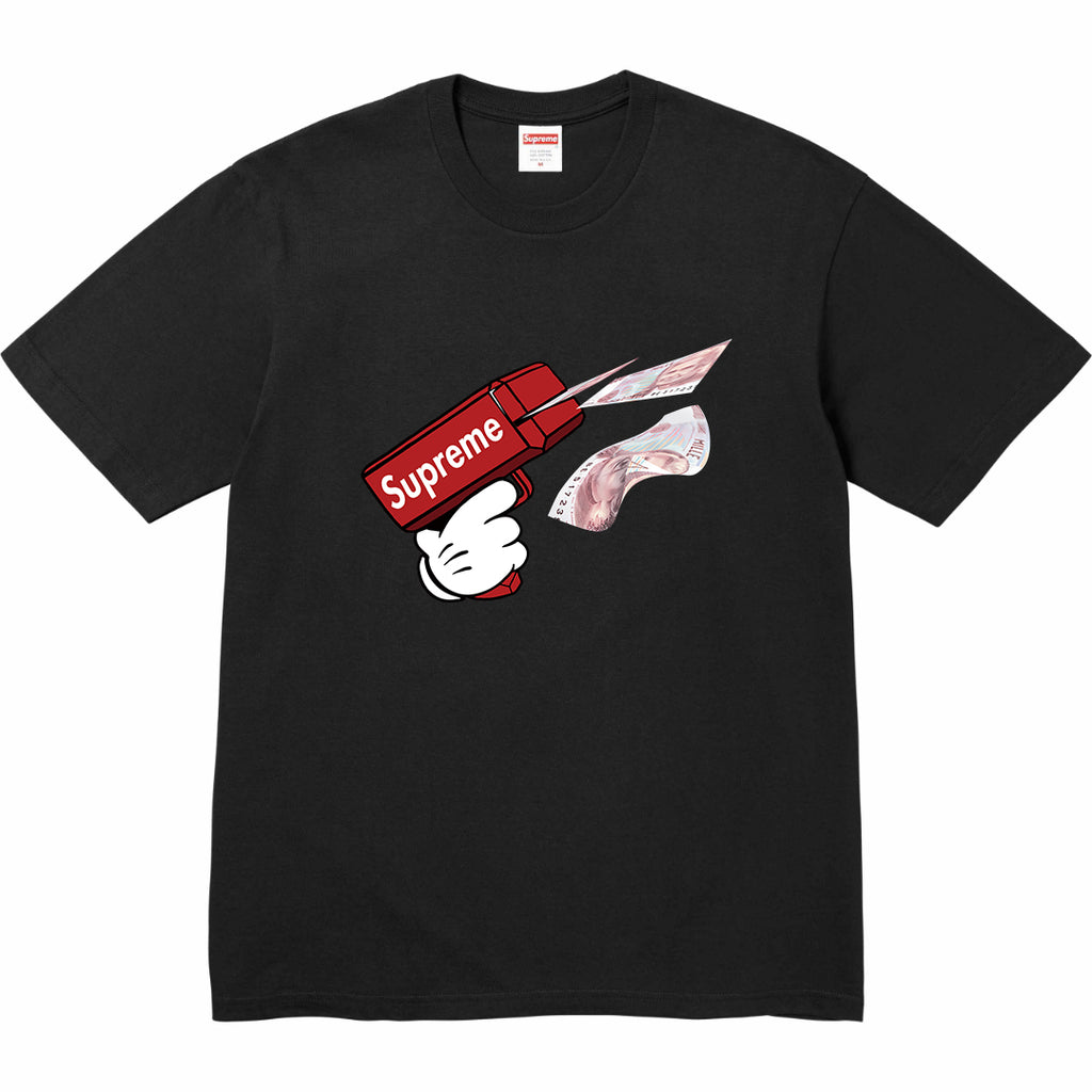 Stussy black crewneck T-shirt with red Supreme bunny graphic