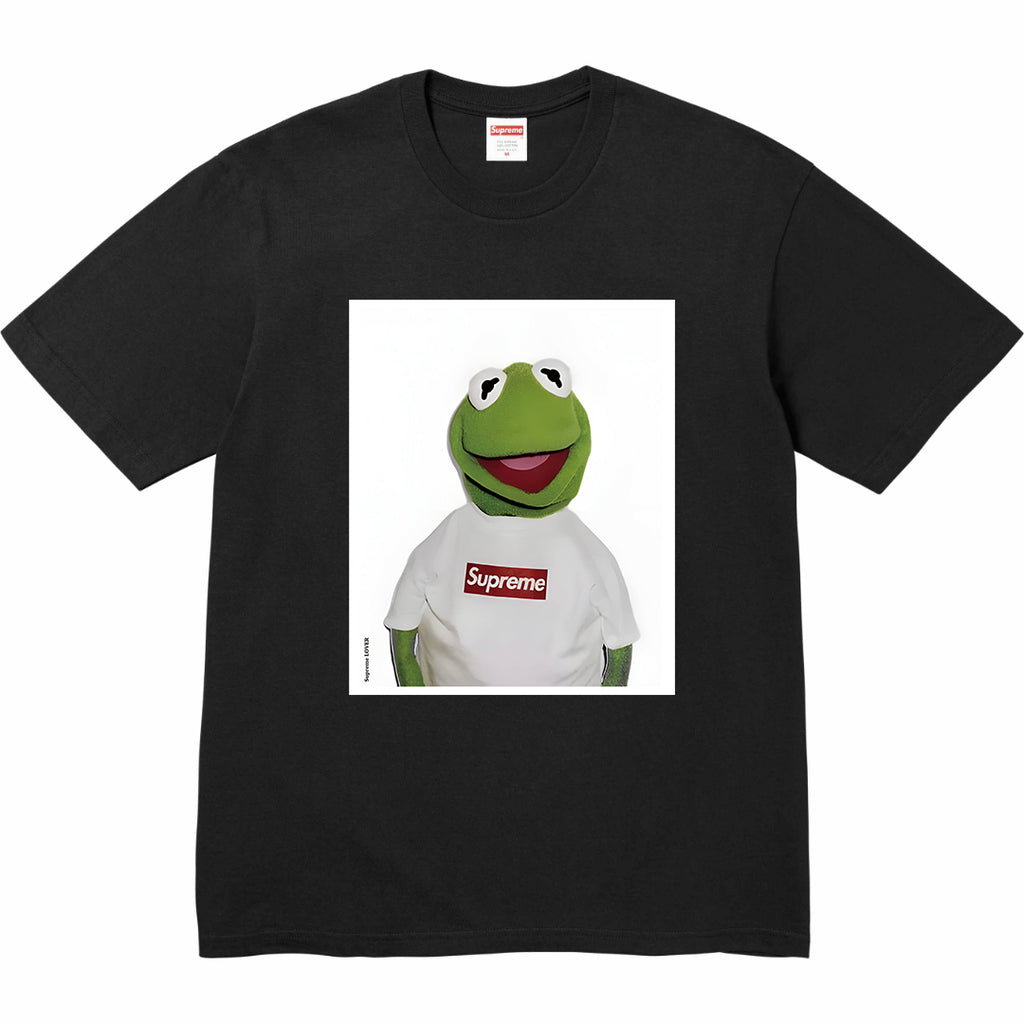 Stussy graphic T-shirt, black with frog face print and red Supreme logo