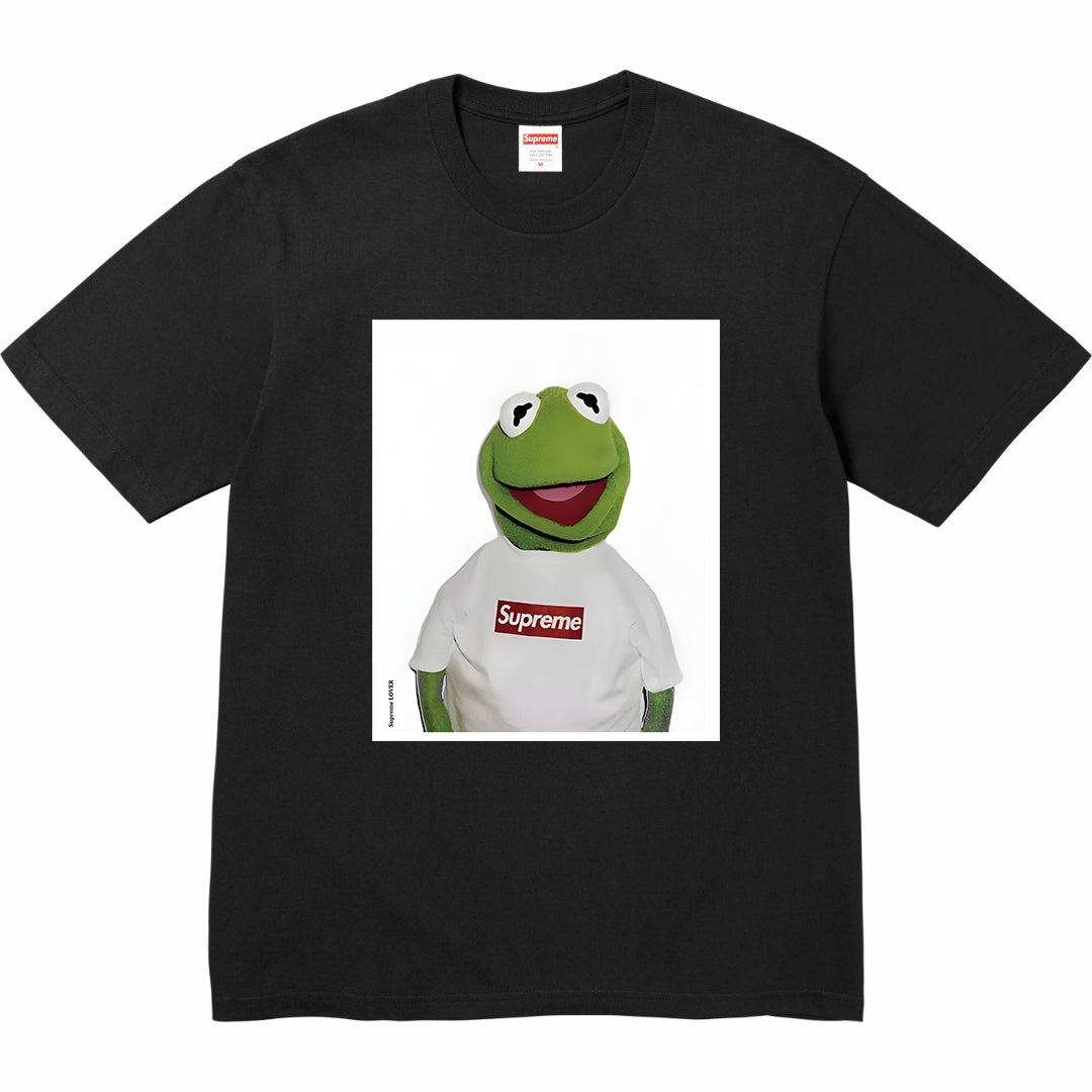 Stussy graphic T-shirt, black with frog face print and red Supreme logo