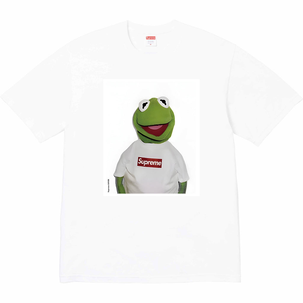 Stussy graphic T-shirt, white with frog face print and red Supreme logo