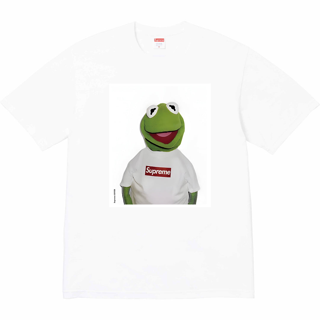 Stussy graphic T-shirt, white with frog face print and red Supreme logo