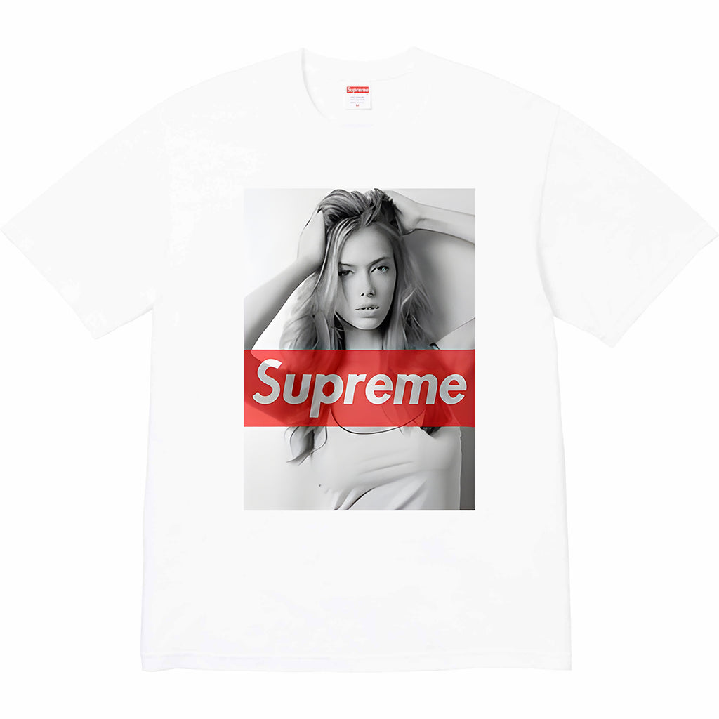 White graphic T-shirt with Supreme photo print