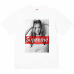 White graphic T-shirt with Supreme photo print