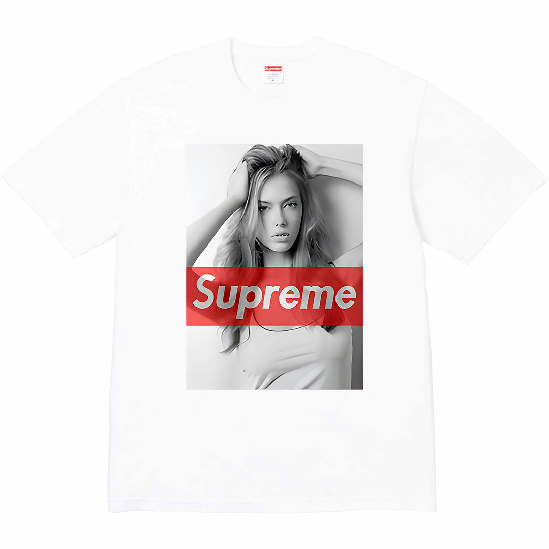White graphic T-shirt with Supreme photo print
