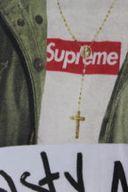 Graphic T-shirt chest graphic: red Supreme band and gold cross pendant