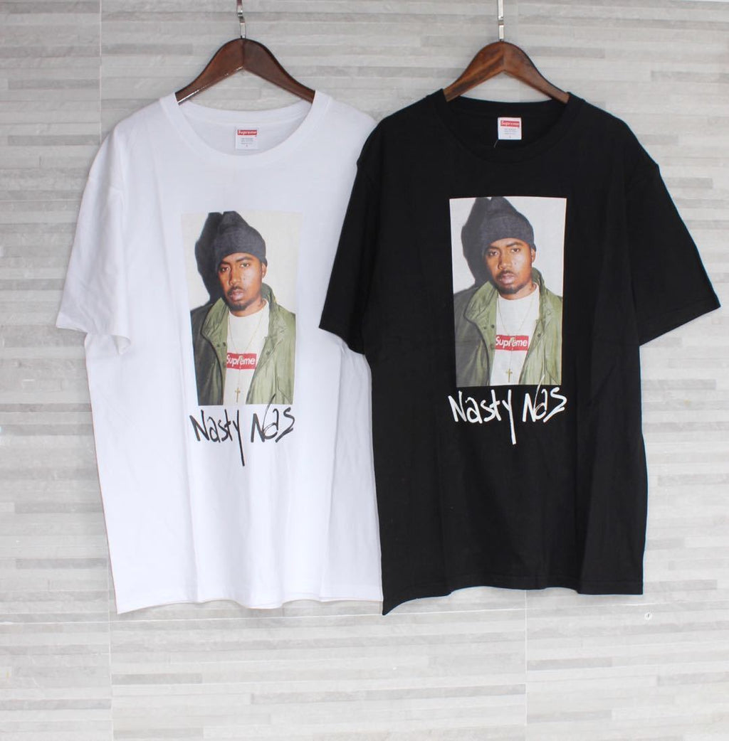 Graphic T-shirts set: white and black, each with portrait and Nasty Nas print