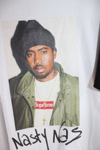 Close-up graphic T-shirt print on white: portrait and Nasty Nas text