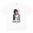 White graphic T-shirt with portrait panel and Nasty Nas text print